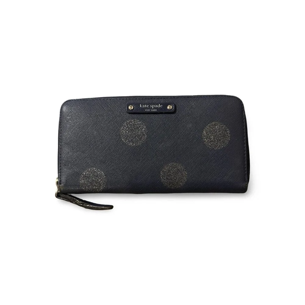 KATE SPADE Haven Lane Navy Blue Leather Glitter Dot Zip Around Wallet